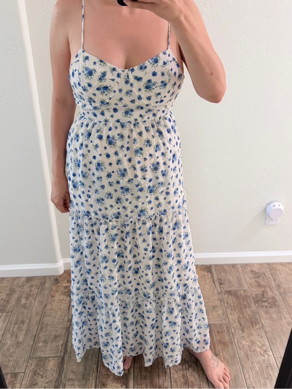 Floral Spaghetti-Strap Maxi Dress in Blue and White